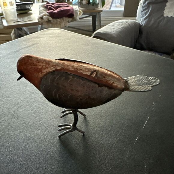 Wooden Primitive Rustic Bird Figurine Metal Accents Farmhouse Home Decor - Picture 3 of 3